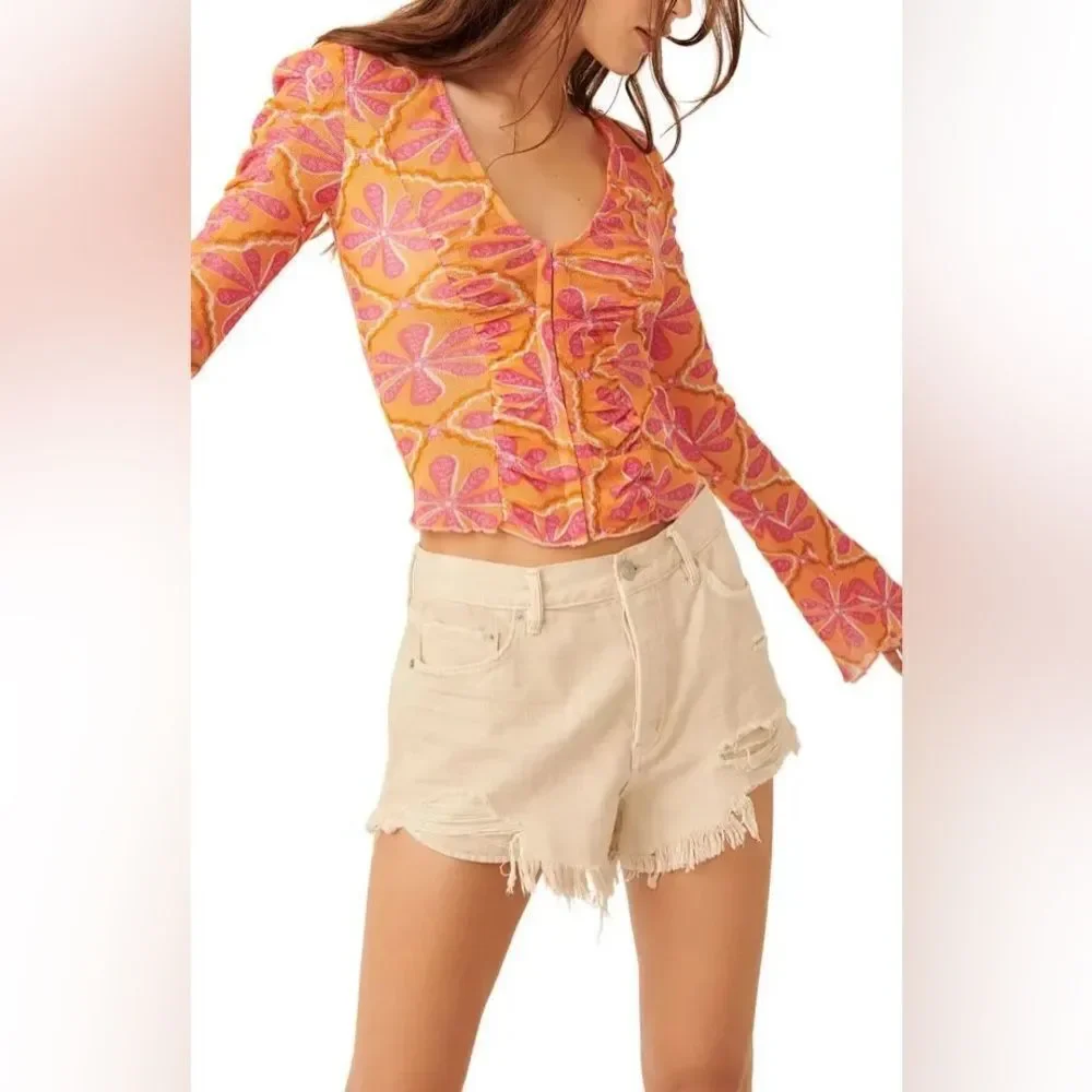 Free People NWT Through The Meadow Ruched Mesh Top in Grapefruit Seltzer size M
